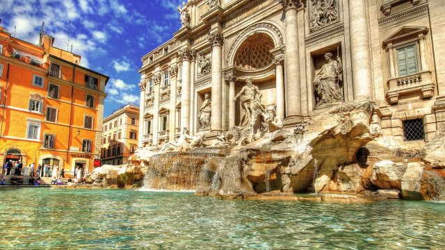 Large building fountain people sunny free wallpaper for desktop - medium preview image