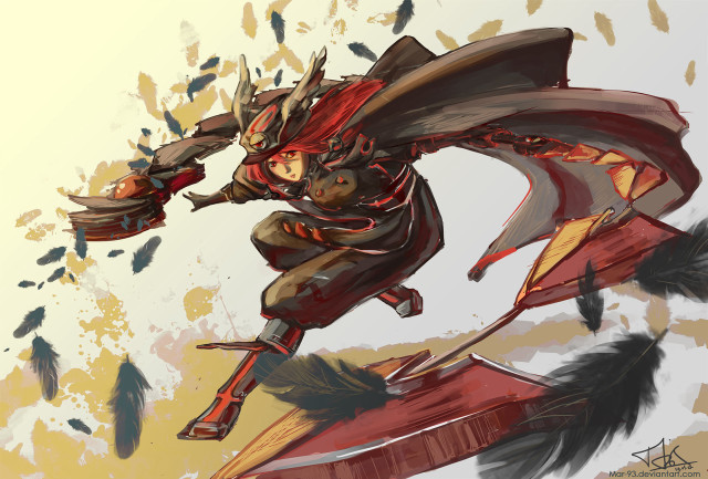 Woman flying feather red cape free wallpaper for desktop - medium preview image