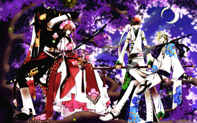 Anime characters bench purple flowers free wallpaper for desktop - medium preview image