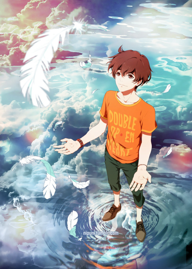 Boy standing water white bird free wallpaper for mobile - medium preview image