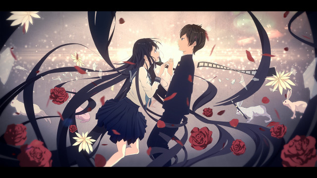 Anime characters field flowers red free wallpaper for desktop - medium preview image