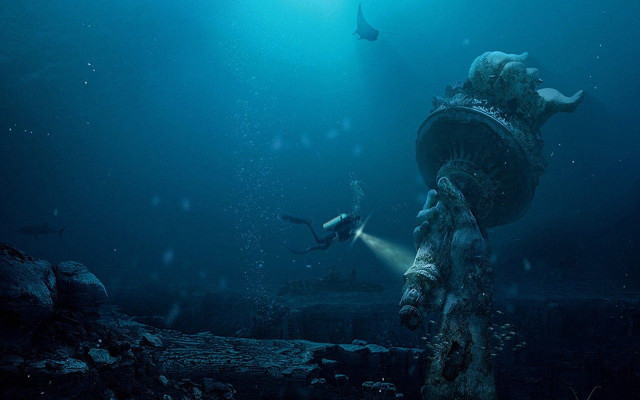 Underwater sculpture shark scuba diver free wallpaper for desktop - medium preview image