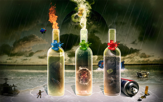 Bottles fire beach boat man free wallpaper for desktop - medium preview image