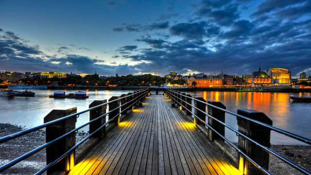 Wooden pier metal railing city free wallpaper for desktop - medium preview image