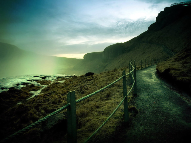 Path cliff ocean mountains fence free wallpaper for desktop - medium preview image