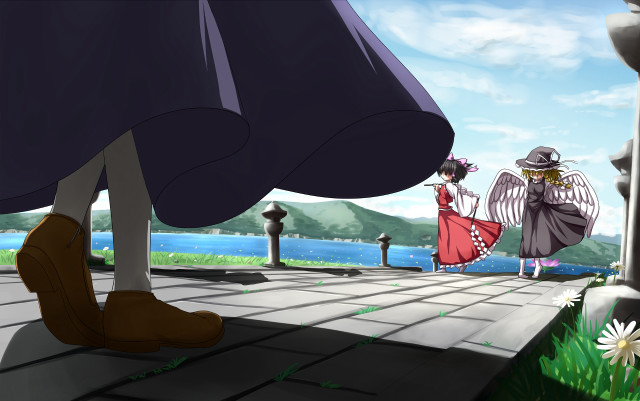 Cartoon two people sidewalk lake free wallpaper for desktop - medium preview image