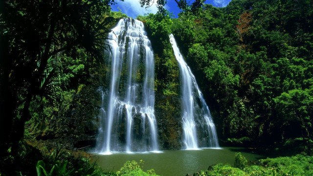 Waterfall forest lake blue sky free wallpaper for desktop - medium preview image