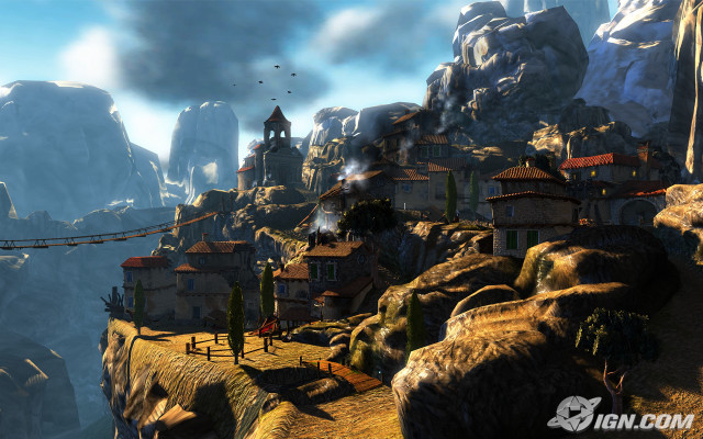 Mountain town bridge background bird free wallpaper for desktop - medium preview image