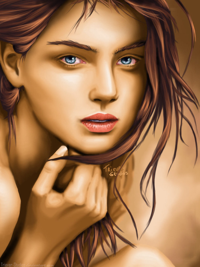 Woman blueeyes brownhair redlips digitalpainting free wallpaper for mobile - medium preview image
