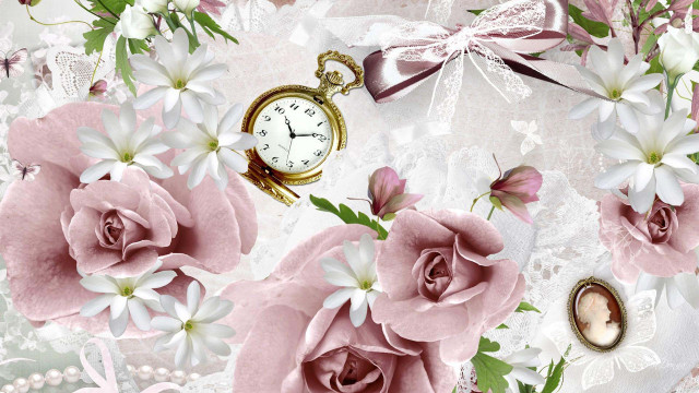 Clock flowers pink ribbon gothic free wallpaper for desktop - medium preview image
