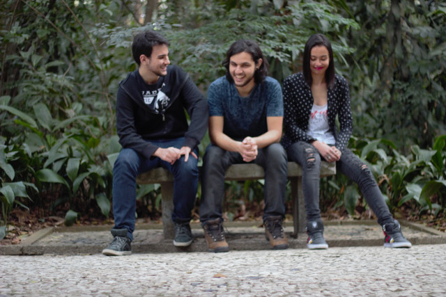 Three people bench forest smiling free wallpaper for desktop - medium preview image