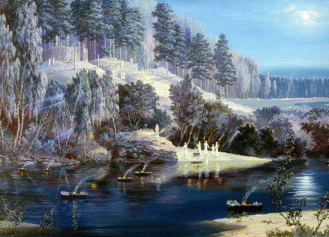 Lake boats trees shore hill free wallpaper for desktop - medium preview image