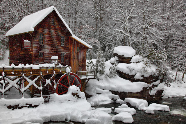 Wooden cabin waterwheel snowy bridge free wallpaper for desktop - medium preview image
