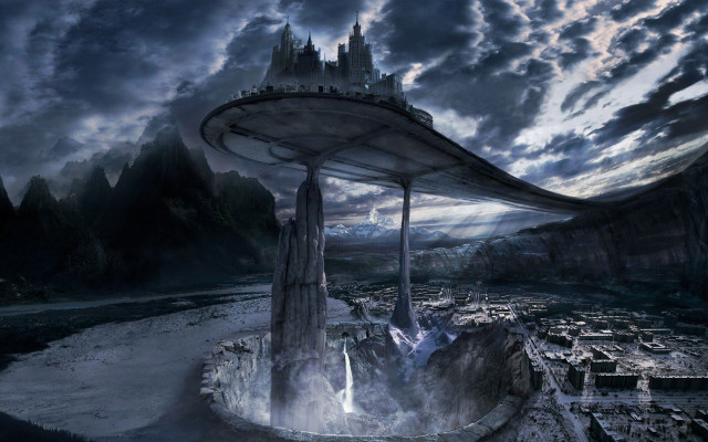 Futuristic city giant structure waterfall free wallpaper for desktop - medium preview image