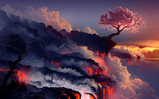 Volcano tree lava flowing painting free wallpaper for desktop - medium preview image