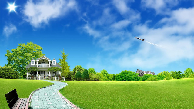 Bench grass field house bird free wallpaper for desktop - medium preview image