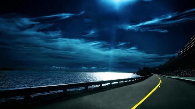 Road hill ocean night bright free wallpaper for desktop - medium preview image