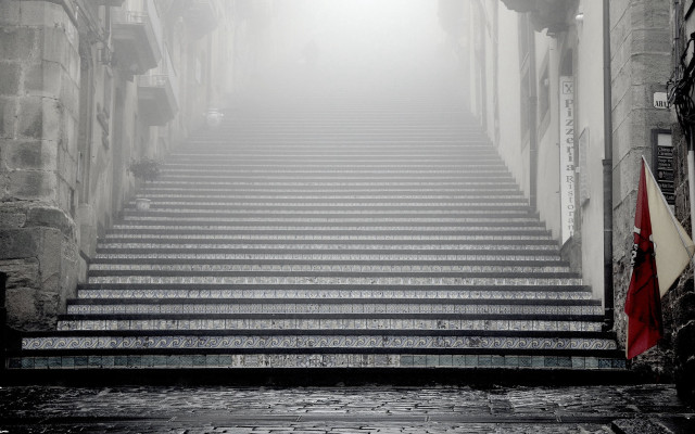 Stairs building flag foggy skies free wallpaper for desktop - medium preview image