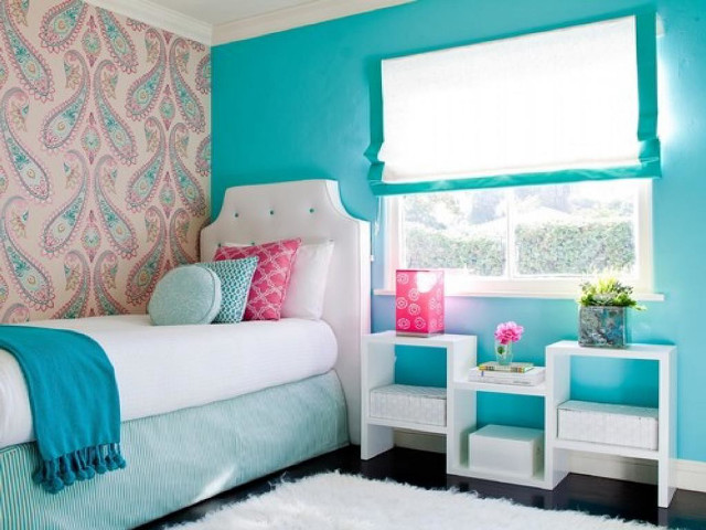 Bedroom blue pink flowers curtains free wallpaper for desktop - medium preview image