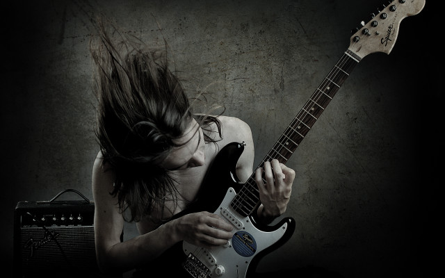 Woman long hair guitar dark free wallpaper for desktop - medium preview image