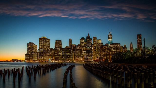 City skyline night water wooden free wallpaper for desktop - medium preview image