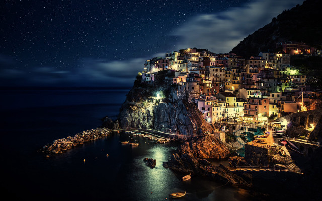 Night village cliff ocean bridge #3 free wallpaper for desktop - medium preview image
