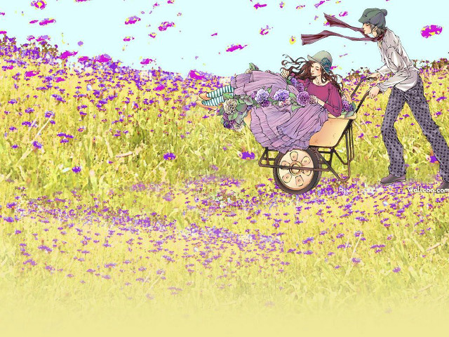 Woman pushing wheelbarrow man field free wallpaper for desktop - medium preview image