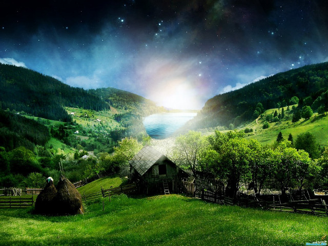 Landscape lake mountains person hill free wallpaper for desktop - medium preview image