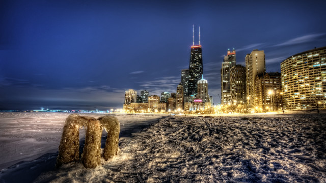 City skyline night snow people free wallpaper for desktop - medium preview image