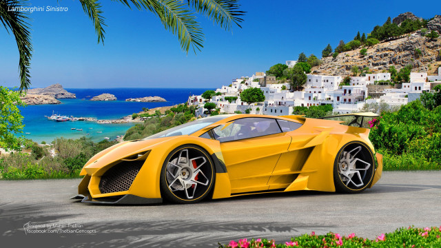 Yellow sports car beach town free wallpaper for desktop - medium preview image