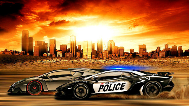 Police car city sunset skyline free wallpaper for desktop - medium preview image