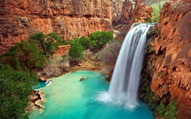 Waterfall blue pool man boat free wallpaper for desktop - medium preview image