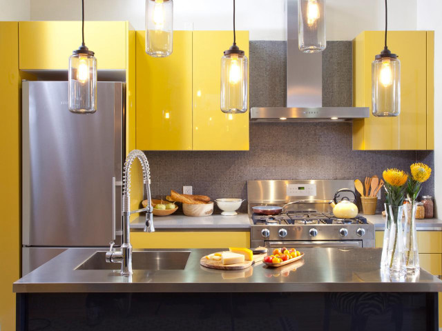 Kitchen yellow cabinets stainless steel free wallpaper for desktop - medium preview image