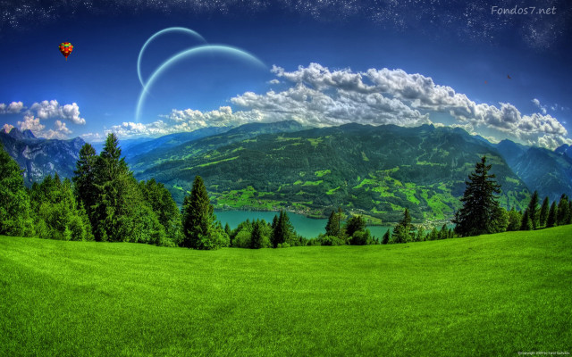 Green field mountain lake red free wallpaper for desktop - medium preview image