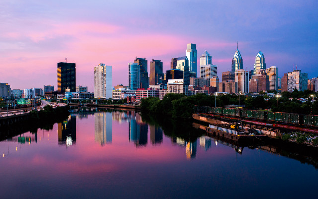 City skyline river dusk pink free wallpaper for desktop - medium preview image