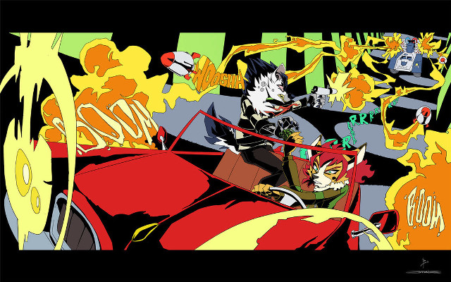 Cartoon man woman car cat free wallpaper for desktop - medium preview image