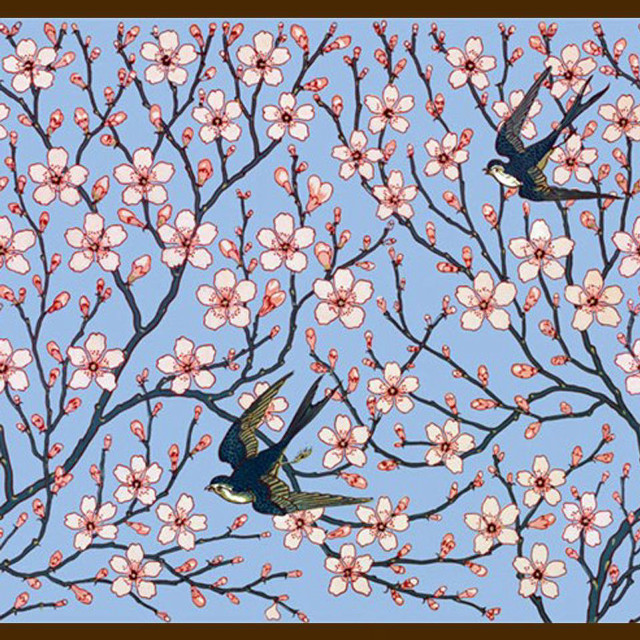 Birds flying tree flowers blue free wallpaper for tablet - medium preview image