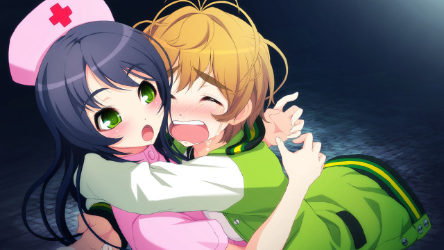 Anime characters hugging red cross free wallpaper for desktop - medium preview image