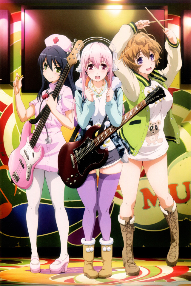 Anime girls guitars colorful background free wallpaper for mobile - medium preview image