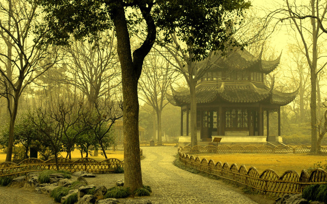 Pagoda park path trees yellow free wallpaper for desktop - medium preview image