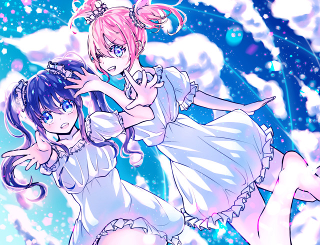 Anime girls dresses blue background free wallpaper for desktop - medium preview image