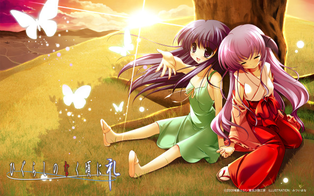 Anime girls butterflies tree sky free wallpaper for desktop - medium preview image