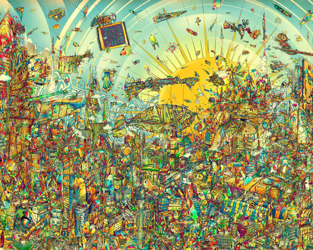 Colorful city painting sun sky free wallpaper for desktop - medium preview image