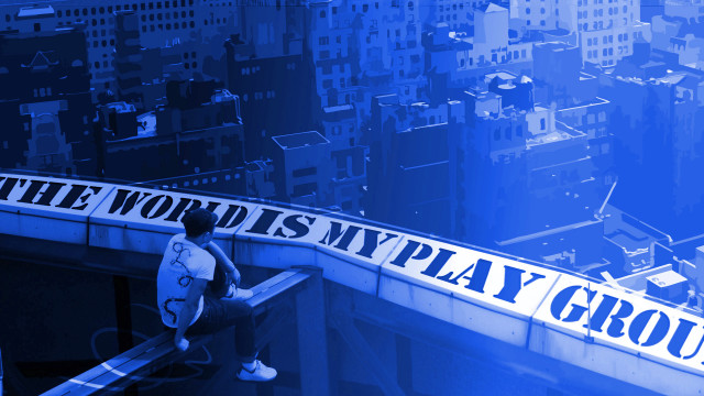 Man sitting ledged skateboard banner free wallpaper for desktop - medium preview image