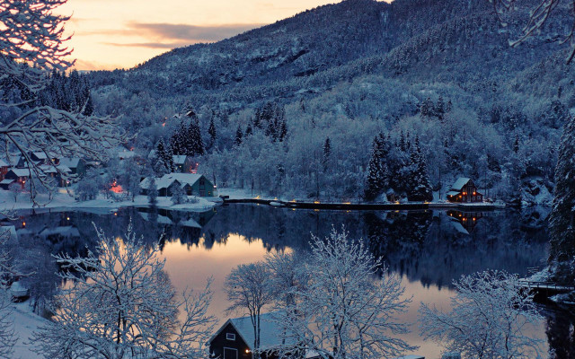 Snowy lake mountains house night free wallpaper for desktop - medium preview image