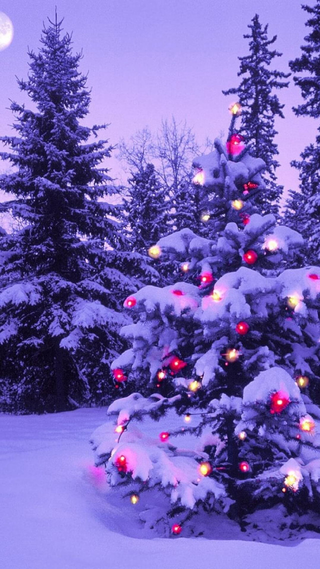 Christmas tree snow moon purple free wallpaper for mobile - medium preview image