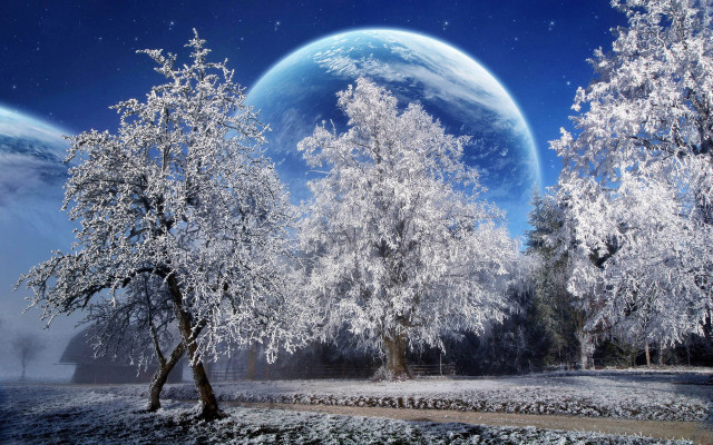 Snowy landscape planet aurora moon free wallpaper for desktop - medium preview image