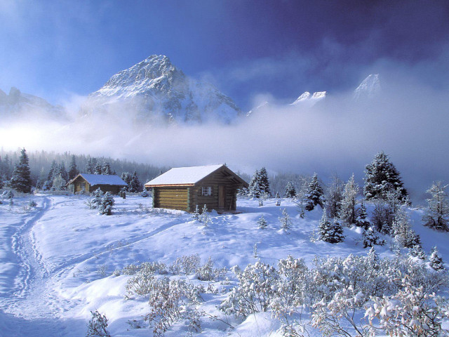 Cabin snowy field trees mountains free wallpaper for desktop - medium preview image