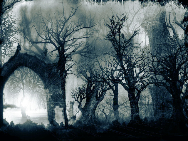 Creepy forest arch building painting free wallpaper for desktop - medium preview image