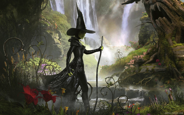 Witch costume staff forest waterfall free wallpaper for desktop - medium preview image